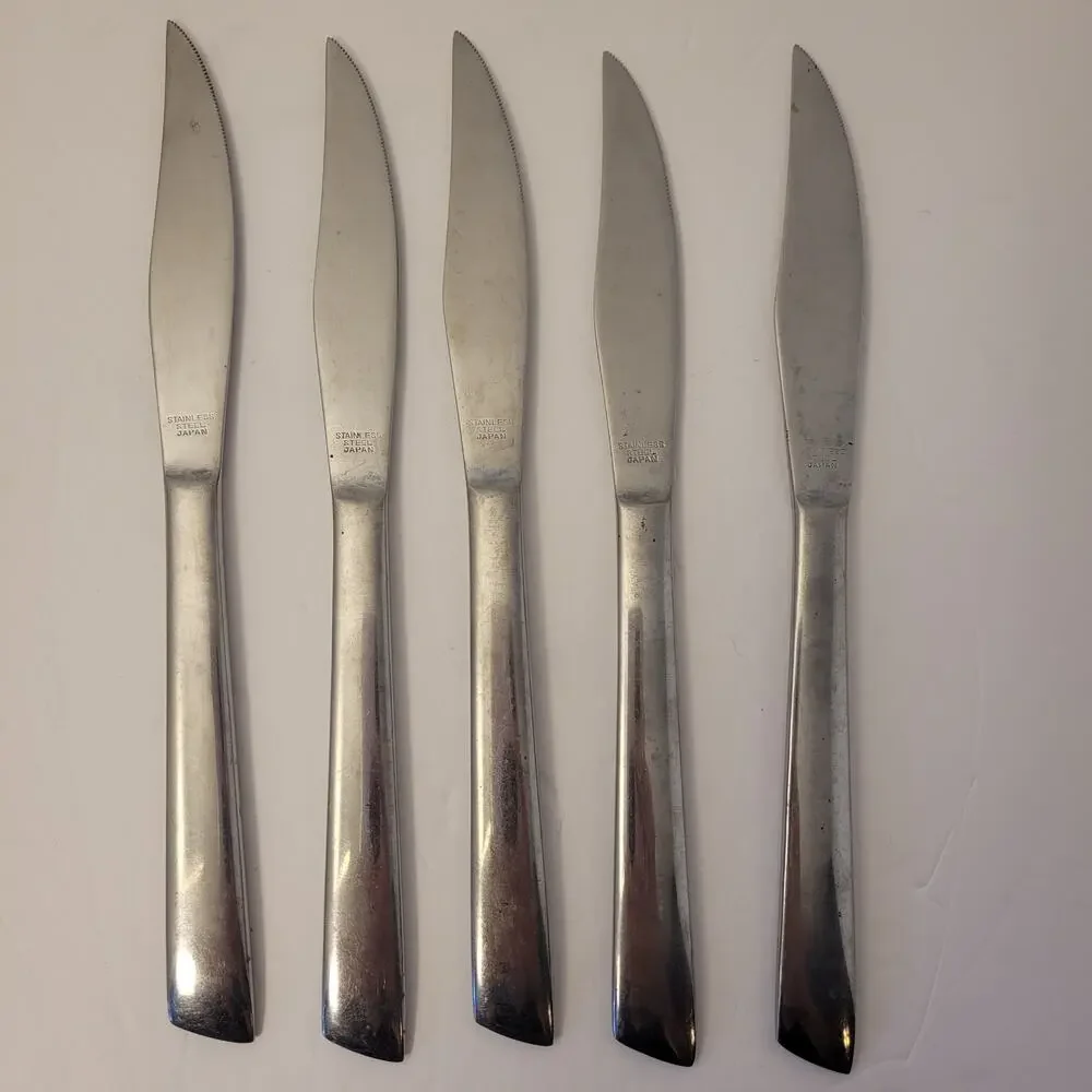 Set of 5 Solid Stainless Steel Dinner Steak Knives Japan Serrated Edge Pre-Owned